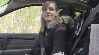 Young European chick gives head and rides cock in a car